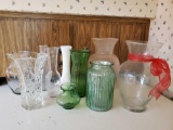 Vintage and newer Vase grouping including Green petite, crackle pink, pressed glass