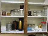 4 Cupboard Shelf Group including Vintage Coffee carafe, percolators, chopper, Candles, Jars