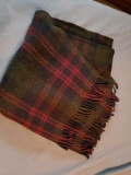 Great Vintage WOOL plaid blanket, tassel edge, gray and red