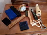 vintage Dresser grouping including Westclox Travel Ben clock, leather watch case, and more