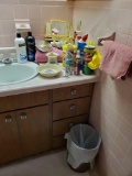 Bathroom grouping including pottery , vintage Pierre Cardin make up mirror, and blow dryer