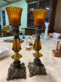Vintage Metal and amber Lucite candle holders with amber glass votives