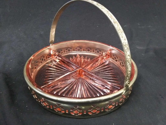 1930s pink depression glass relish dish in basket