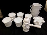 grouping of white ceramic including Corning, Fenton ruffled Style, schoenwald