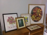 (5) Original Amateur Pastel Art Framed Behind Glass, Floral, Signed Ne Ne