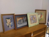 (4) Original Amateur Pastel Art Framed Behind Glass, Birds and Cats, Signed Ne Ne