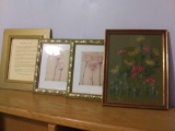 (4) Framed pieces including two floral prints, one embroided Floral, 
