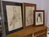 (3) Original Amateur Pastel and Watercolor Art Framed Behind Glass, Female Figures, Signed Ne Ne