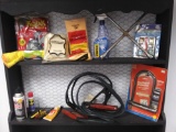 large useful grouping of car merchandise including jumper cables, shamis, Tire Iron