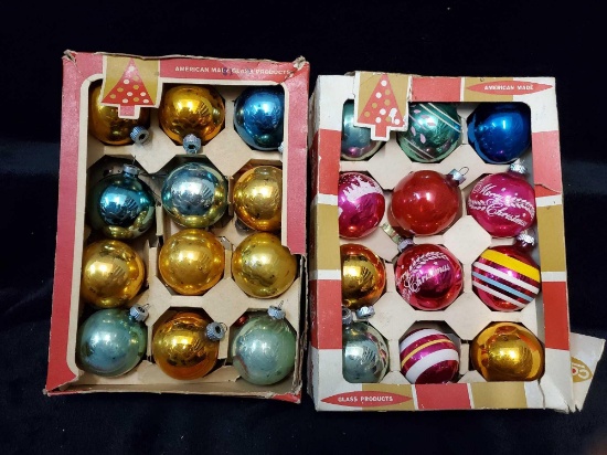 (2) dozen Vintage Glass Ornaments including decorated and plain colored , in boxes