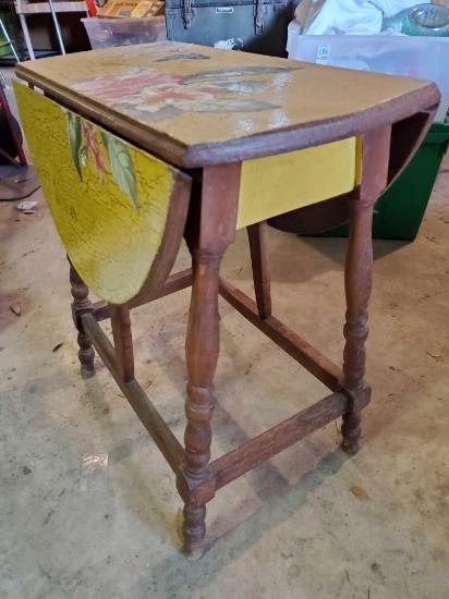 Narrow FOLD DOWN round side table, yellow crackle decoupage