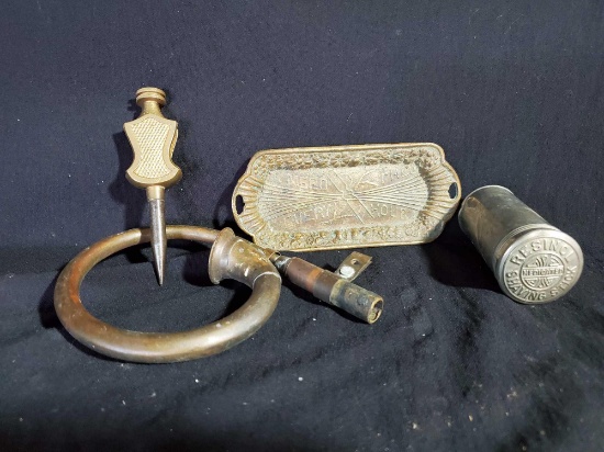 Brass and metal antiquities - Ladies hairpin tray, STANLEY, bike horn, shave stick canister