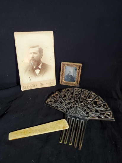 Antiquities including old pictures, fan comb, and bone/ivory
