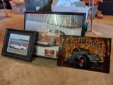 (3) Car Related Wall Art and framed HELLBENT signed