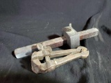 Vintage tools - hefty vise spring clamp and unidentified wooden piece