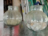 2 Large, heavy Green Glass jars with shells, decor