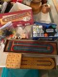 Neat game lot including Mexican Train Dominos in tin and cribbage set