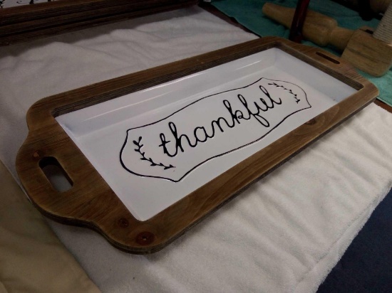 NEW STOCK WOOD AND ENAMELWARE "THANKFUL" TRAY