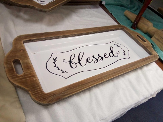 NEW STOCK WOOD AND ENAMELWARE "BLESSED" TRAY