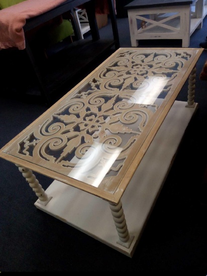 NEW STOCK ANTIQUE WHITE FILIGREE TOP, COVERED GLASS COFFEE TABLE