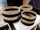 NEW STOCK, BLACK AND TAN JUTE WOVEN BASKETS SET OF THREE NESTING