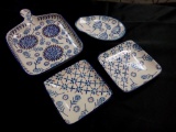 NEW STOCK STONEWARE HAND STAMPED POTTERY, BREAD BOARD DISH WITH DIPPING PLATES AND CAT SHAPED TEA