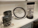 STORE NEW STOCK, BLACK AND WHITE PARTY DECOR INCLUDING ADORABLE CAKE PLATE AND ALUMINUM TINS