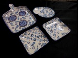 NEW STOCK STONEWARE HAND STAMPED POTTERY, BREAD BOARD DISH WITH DIPPING PLATES AND CAT SHAPED TEA