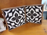 PAIR OF WOOD WALL/TABLE TOP BLACK AND WHITE ART, WOOD SURROUND FRAME