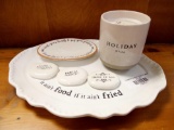 NEW IVORY CERAMIC HOME INCLUDING IT AIN'T FOOD IF IT AIN'T FRIED PLATTER, CANDLE, BLESSING TOKENS