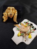 (2) vintage brooch pins - dog and pear tree partridge