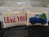 (2) Hook Rug pillows LOVE YOU and Blue Truck