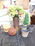 shabby chic garden decor group with heavy vase beautiful linen flowers