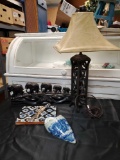DECOR including scroll table lamp, elephants, cheese board, wall pocket