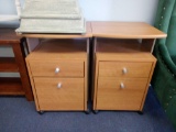 PAIR OF WOOD AND GRAY ROLLING BEDSIDE TABLES WITH DRAWERS