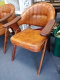 (1 of 2) BROWN LEATHER AND WOOD ARMCHAIR