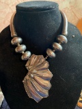 Huge hollow Silver necklace with applied silver leaf or blossom