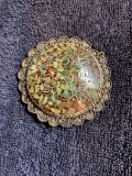 Large antique Cloisonne brooch with green stone inlay and wire filigree