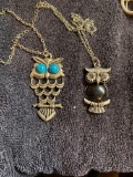 2 Large Owl Silvertone and jeweled pendants