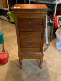 Beautiful free standing wood jewelry chest with flip top, 6 drawers and side storage