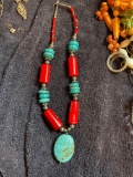 Gorgeous Large red and turquoise polished stone necklace