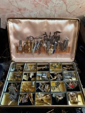 Huge lot of vintage tie clips, cuff links and more gentleman?s accessories in a vintage storage box