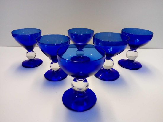 SO BEAUTIFUL COBALT BLUE GLASSES, CLEAR BUBBLE STEM