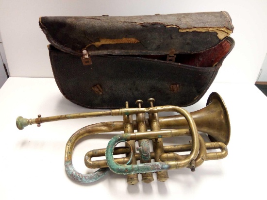 VINTAGE BRASS TRUMPET WITH PATINA IN OLD CASE
