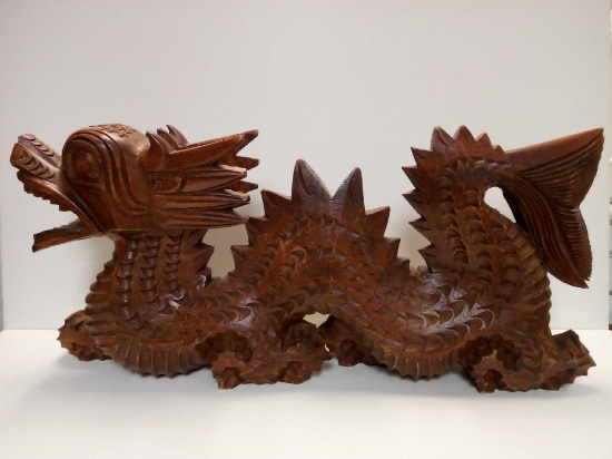 HEAVILY CARVED EAST ASIAN ASTHETIC WOODEN DRAGON