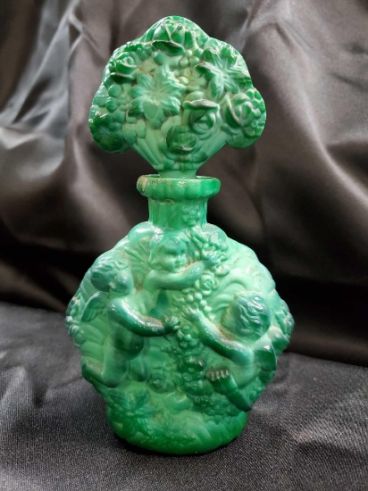 Antique Malachite Cherub-Angels Perfume Bottle w-Stopper