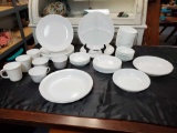 Large set of WHITE CORELLE dishes including COMCOR and CORNING