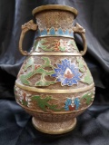 Vintage Japanese LOTUS Bronze & Champleve Enamel Vase