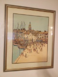 Riviera Shore Street Scene Signed and Numbered Lithograph by C. Walling 1978