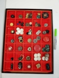 Antique BUTTONS in display tray, large array of small and medium